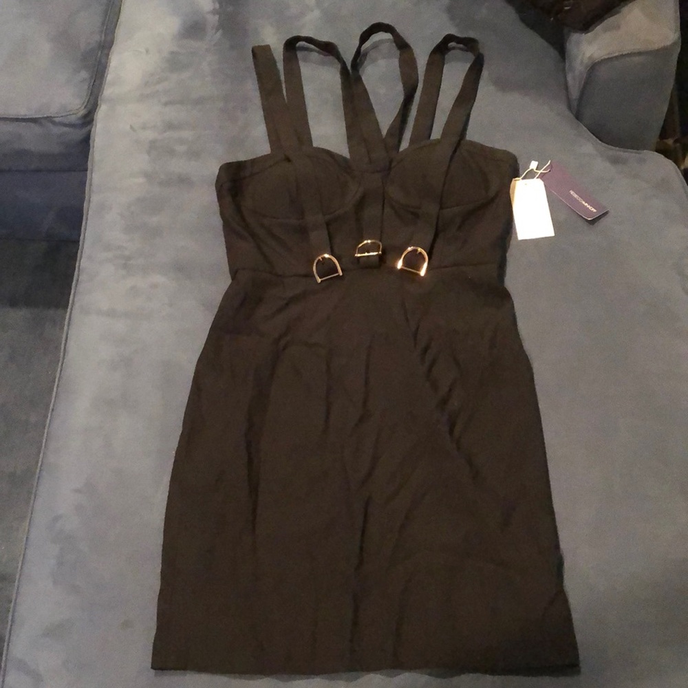 NWT Rebecca Minkoff black silk dress. Strappy with gold plated accents, 4.